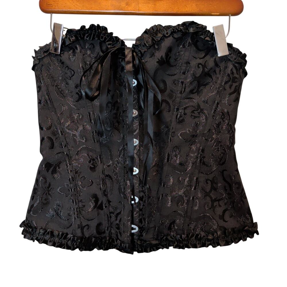 Women's Sz L Black Floral Damask Jaquard Lace Up Corset Boned Bustier Whimsygoth